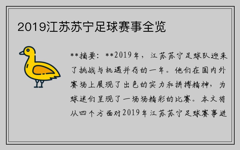 2019江苏苏宁足球赛事全览